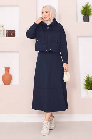 Fermuarlı Kapüşonlu Crop Etek Tesettür Takım Lacivert - Thumbnail