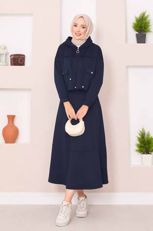 Fermuarlı Kapüşonlu Crop Etek Tesettür Takım Lacivert - Thumbnail