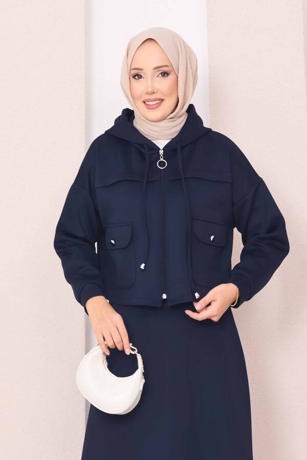 Fermuarlı Kapüşonlu Crop Etek Tesettür Takım Lacivert - 6