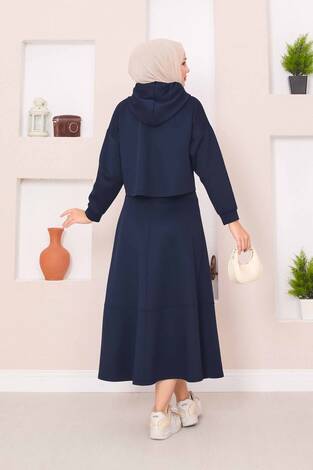 Fermuarlı Kapüşonlu Crop Etek Tesettür Takım Lacivert - Thumbnail