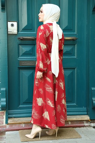 Fırça Desen Büzgülü Elbise 17695-7 Kırmızı - Thumbnail