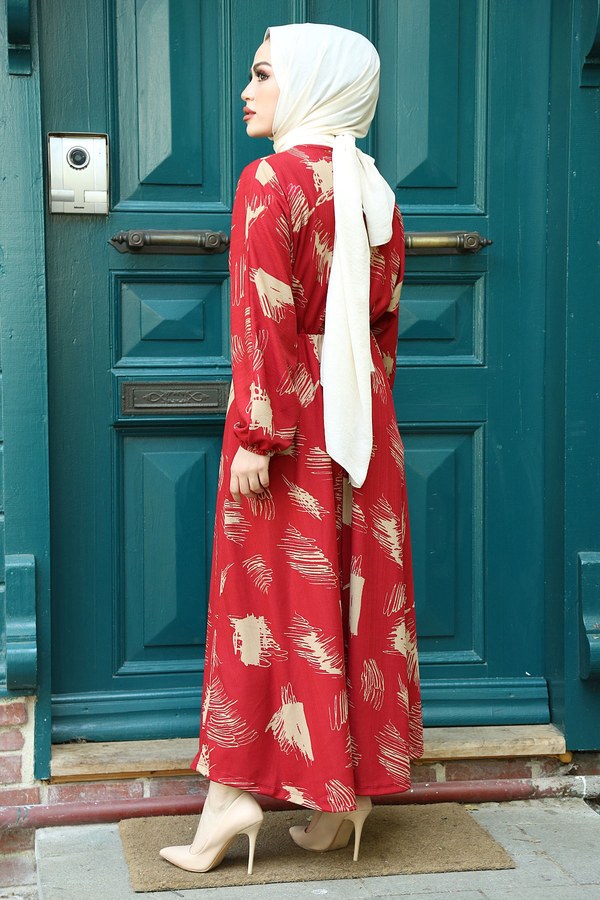 Fırça Desen Büzgülü Elbise 17695-7 Kırmızı
