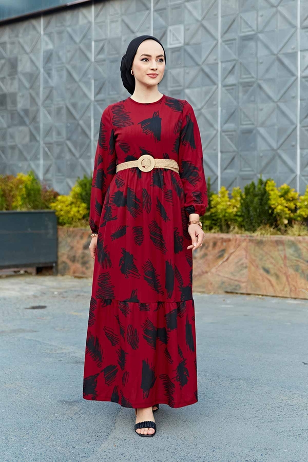 Fırça Desenli Hasır Kemerli Elbise 100MD101 Bordo-Siyah