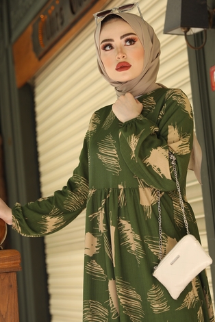 Fırça Desenli Hasır Kemerli Elbise 100MD101 Haki - Thumbnail