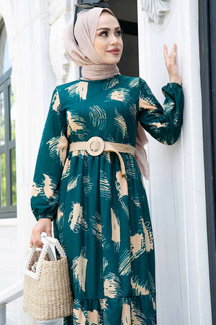 Fırça Desenli Hasır Kemerli Elbise 100MD101 İndigo - Thumbnail