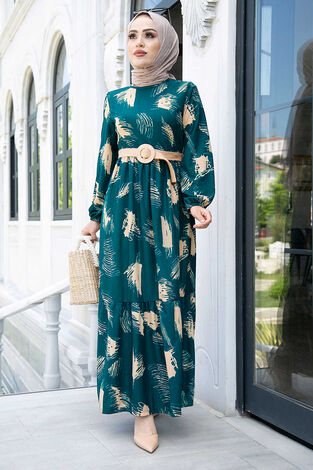 Fırça Desenli Hasır Kemerli Elbise 100MD101 İndigo - Thumbnail