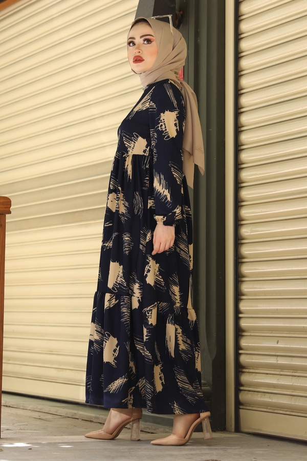 Fırça Desenli Hasır Kemerli Elbise 100MD101 Lacivert