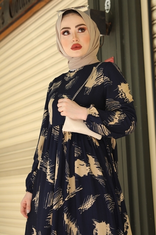 Fırça Desenli Hasır Kemerli Elbise 100MD101 Lacivert - Thumbnail