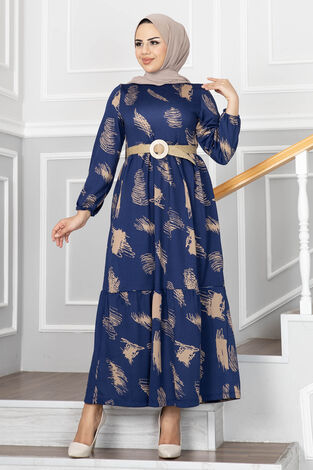 Fırça Desenli Hasır Kemerli Elbise 100MD101 Mavi - Thumbnail