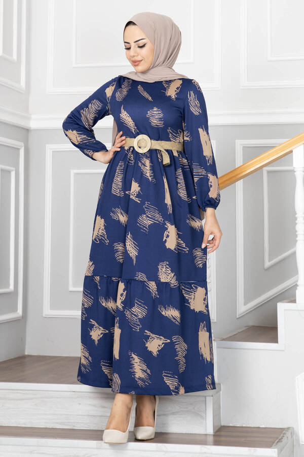 Fırça Desenli Hasır Kemerli Elbise 100MD101 Mavi