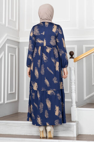 Fırça Desenli Hasır Kemerli Elbise 100MD101 Mavi - Thumbnail