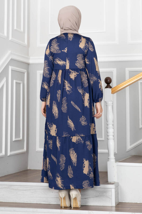 Fırça Desenli Hasır Kemerli Elbise 100MD101 Mavi