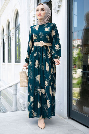Fırça Desenli Hasır Kemerli Elbise 100MD101 Petrol - Thumbnail