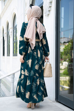 Fırça Desenli Hasır Kemerli Elbise 100MD101 Petrol - Thumbnail