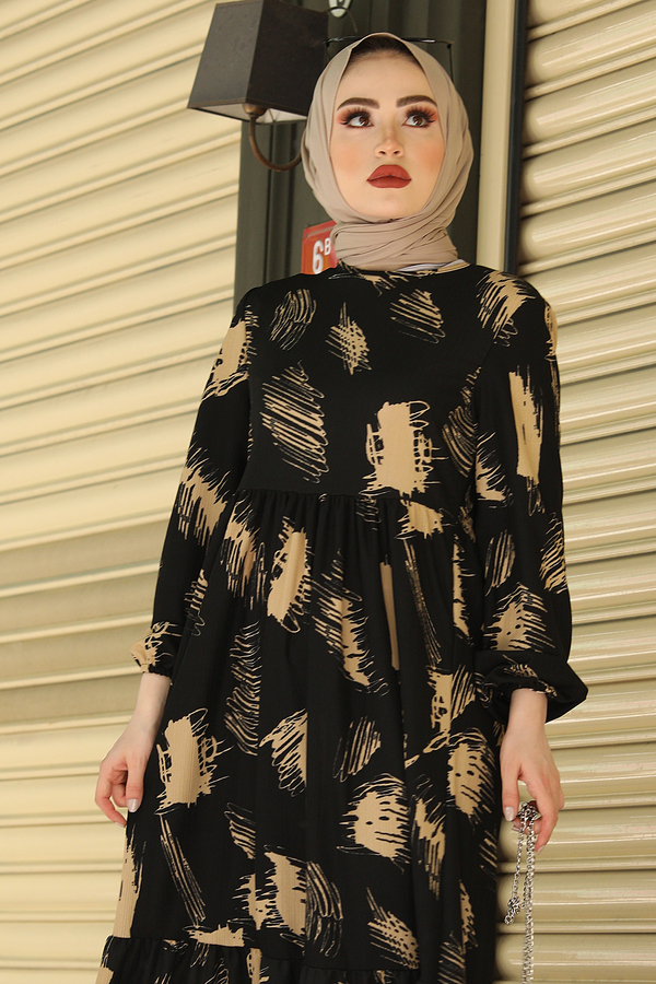 Fırça Desenli Hasır Kemerli Elbise 100MD101 Siyah