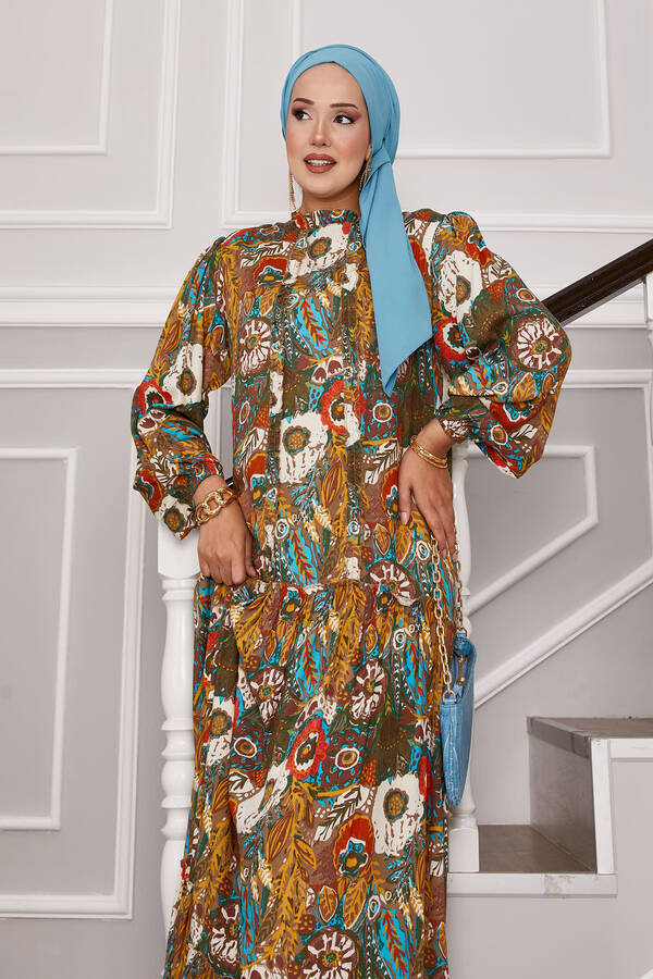 Zmr - Fırfır Detaylı Desenli Tesettür Elbise Vizon (1) Zmr - Fırfır Detaylı Desenli Tesettür Elbise Vizon (1)