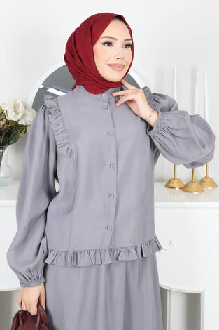 Fırfır Detaylı Düğmeli Etekli Takım Gri - Thumbnail