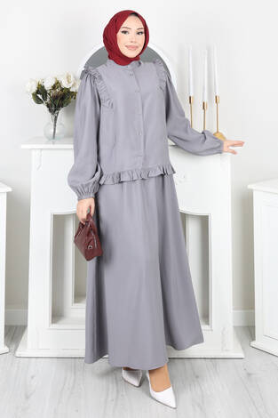 Fırfır Detaylı Düğmeli Etekli Takım Gri - Thumbnail