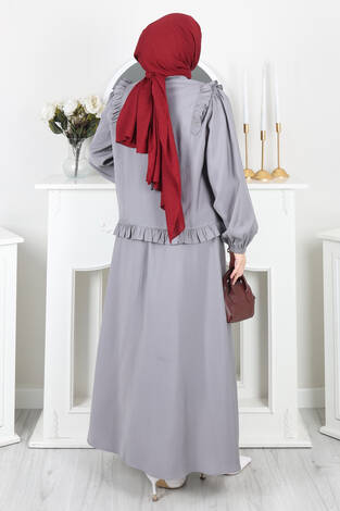 Fırfır Detaylı Düğmeli Etekli Takım Gri - Thumbnail