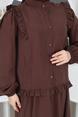 Fırfır Detaylı Düğmeli Etekli Takım Kahve - Thumbnail