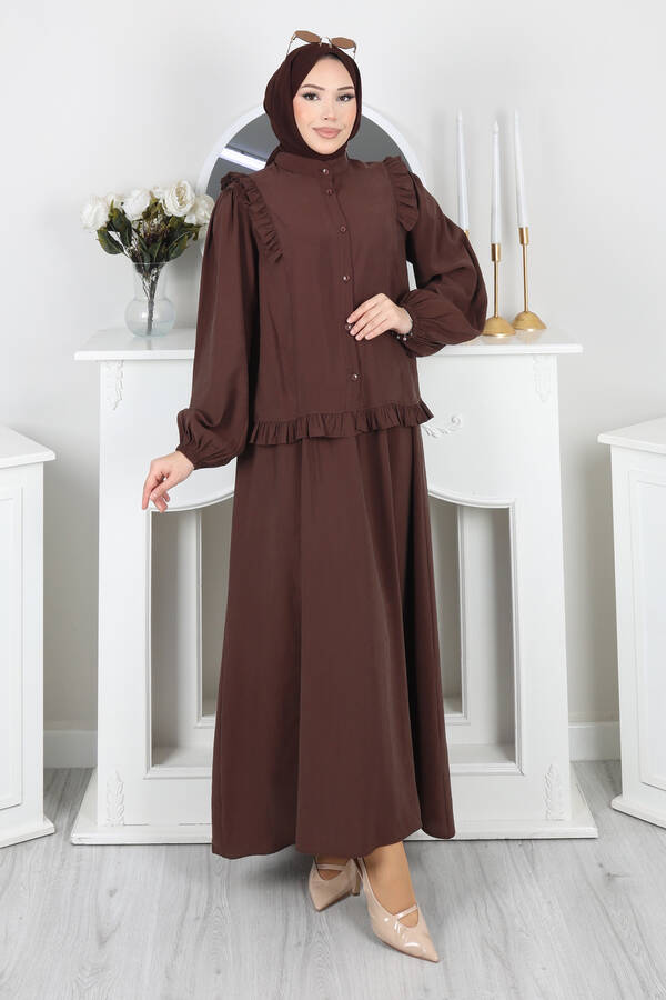 Kl - Fırfır Detaylı Düğmeli Etekli Takım Kahve