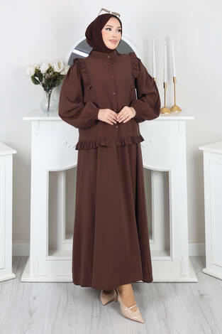 Fırfır Detaylı Düğmeli Etekli Takım Kahve - Thumbnail