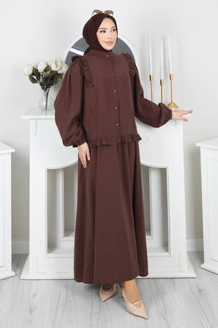 Fırfır Detaylı Düğmeli Etekli Takım Kahve - Thumbnail