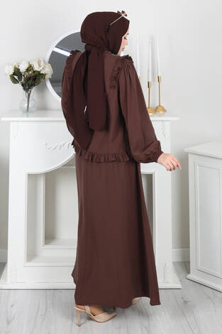 Fırfır Detaylı Düğmeli Etekli Takım Kahve - Thumbnail