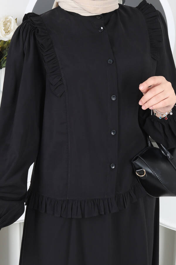 Kl - Fırfır Detaylı Düğmeli Etekli Takım Siyah (1)