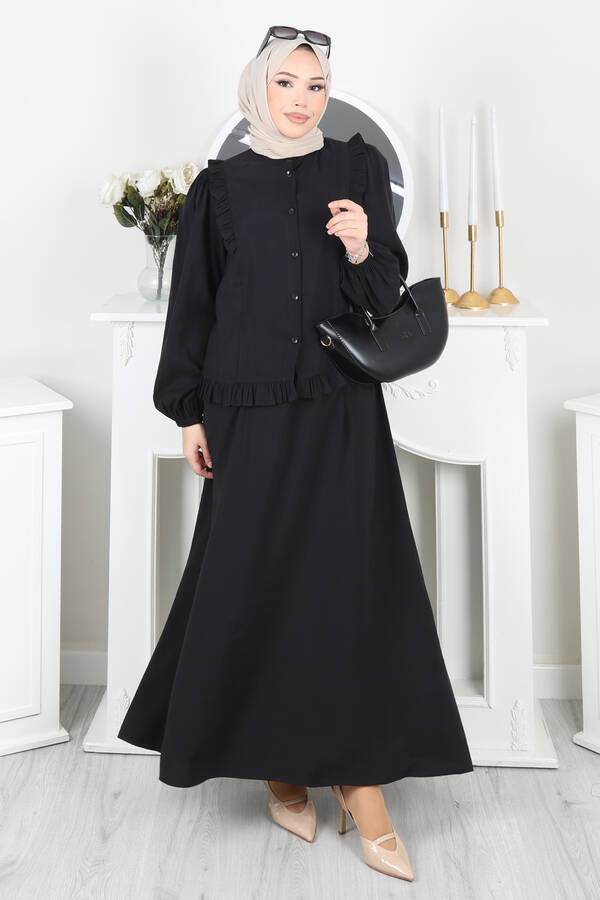 Kl - Fırfır Detaylı Düğmeli Etekli Takım Siyah