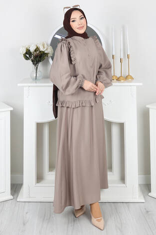 Fırfır Detaylı Düğmeli Etekli Takım Vizon - Thumbnail