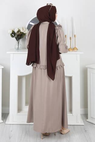 Fırfır Detaylı Düğmeli Etekli Takım Vizon - Thumbnail