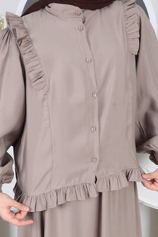 Fırfır Detaylı Düğmeli Etekli Takım Vizon - Thumbnail