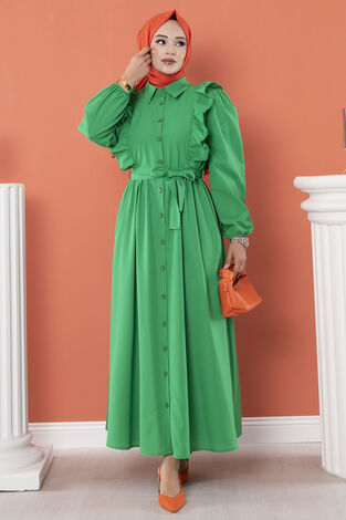 Fırfır Detaylı Tesettür Elbise Yeşil - Thumbnail