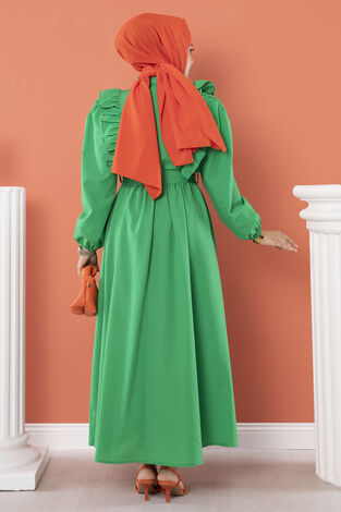 Fırfır Detaylı Tesettür Elbise Yeşil - Thumbnail