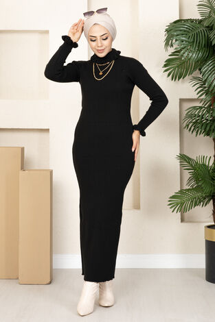 Fırfırlı Boğazlı Triko Tesettür Elbise Siyah - Thumbnail