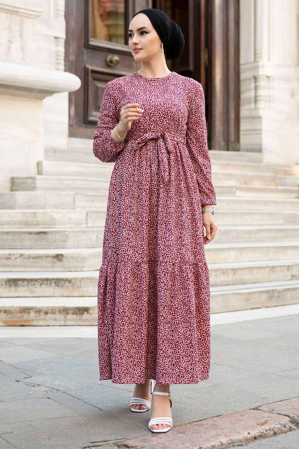 E - Fırfırlı Çıtır Elbise 190E-6473 Bordo