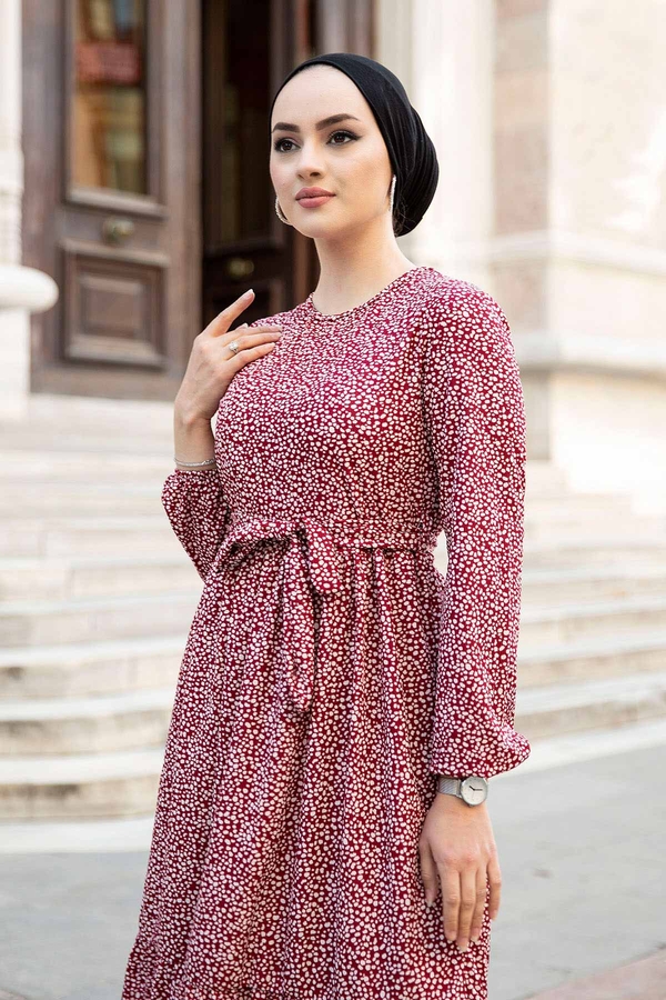 E - Fırfırlı Çıtır Elbise 190E-6473 Bordo (1)
