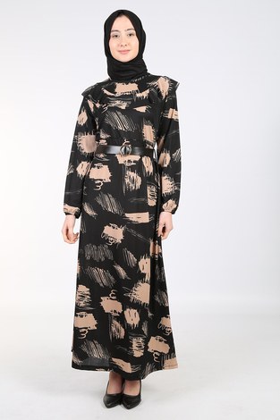 Fırfırlı Tesettür Elbise 18615-1 Siyah - Thumbnail