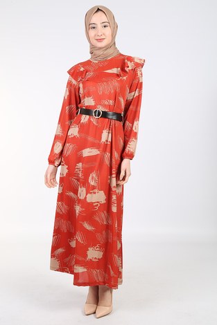 Fırfırlı Tesettür Elbise 18615-2 Kiremit - Thumbnail