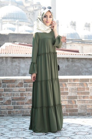 Fırfırlı Elbise 3085-1 Haki - Thumbnail