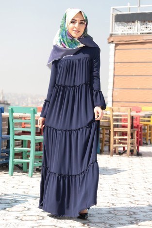 Fırfırlı Elbise 3085-3 Lacivert - Thumbnail