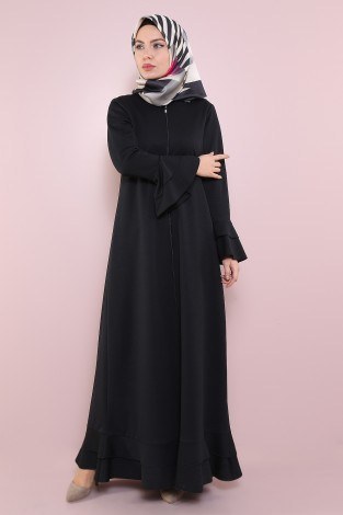 Fırfırlı Ferace Elbise-7975-1Siyah - Thumbnail