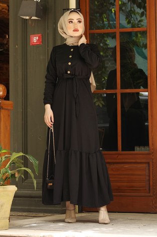 Fırfırlı Kuşaklı Tesettür Elbise 17690-1 Siyah - Thumbnail
