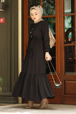 Fırfırlı Kuşaklı Tesettür Elbise 17690-1 Siyah - Thumbnail