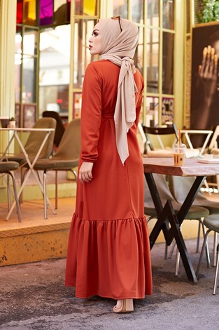 Fırfırlı Kuşaklı Elbise 17690-4 Kiremit - Thumbnail