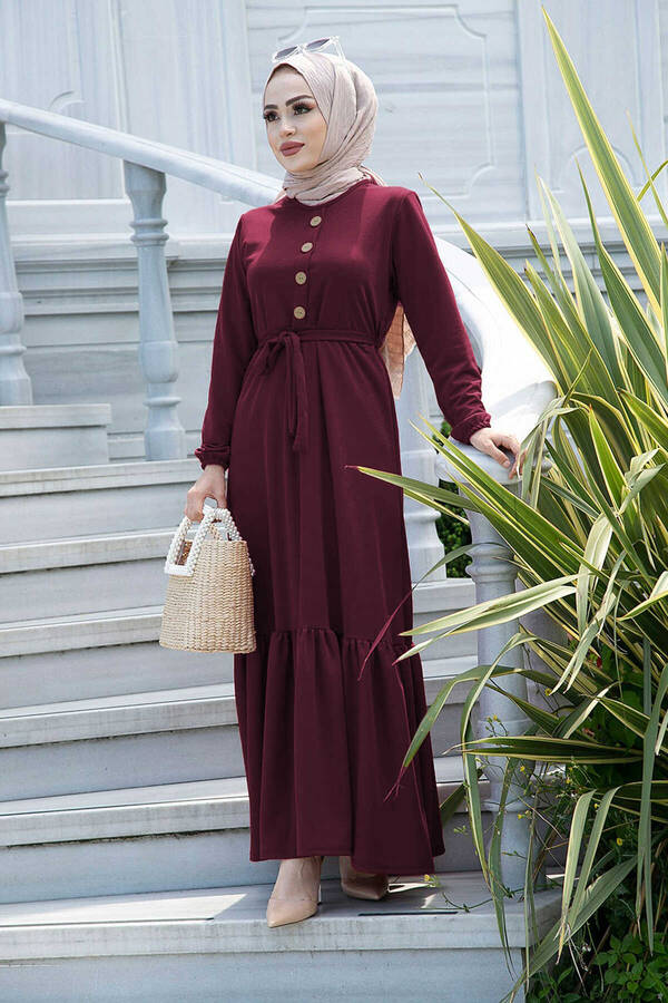 Fırfırlı Kuşaklı Elbise 17690-7 Bordo Bordo Fırfırlı Kuşaklı Elbise 17690-7 Bordo Bordo
