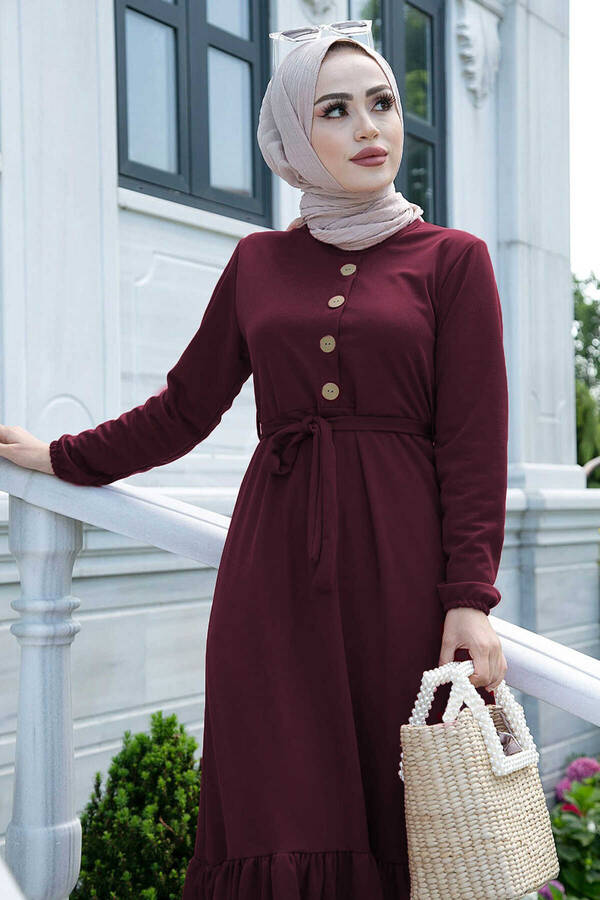 Mo - Fırfırlı Kuşaklı Elbise 17690-7 Bordo Bordo (1)