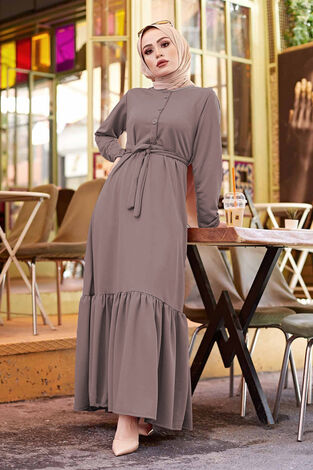 Fırfırlı Kuşaklı Elbise 590EML-17690 Vizon - Thumbnail