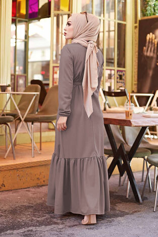 Fırfırlı Kuşaklı Elbise 590EML-17690 Vizon - Thumbnail